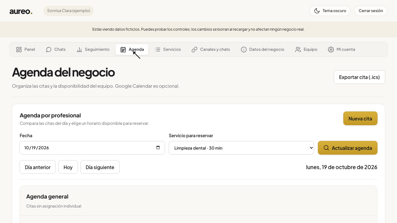 Agenda del portal de ejemplo con turnos y solicitudes por confirmar
