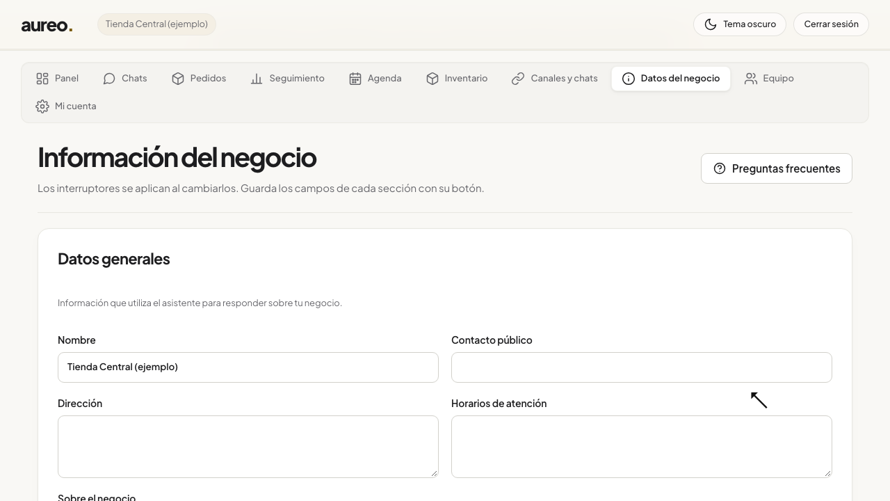 Datos generales del negocio en el portal de ejemplo