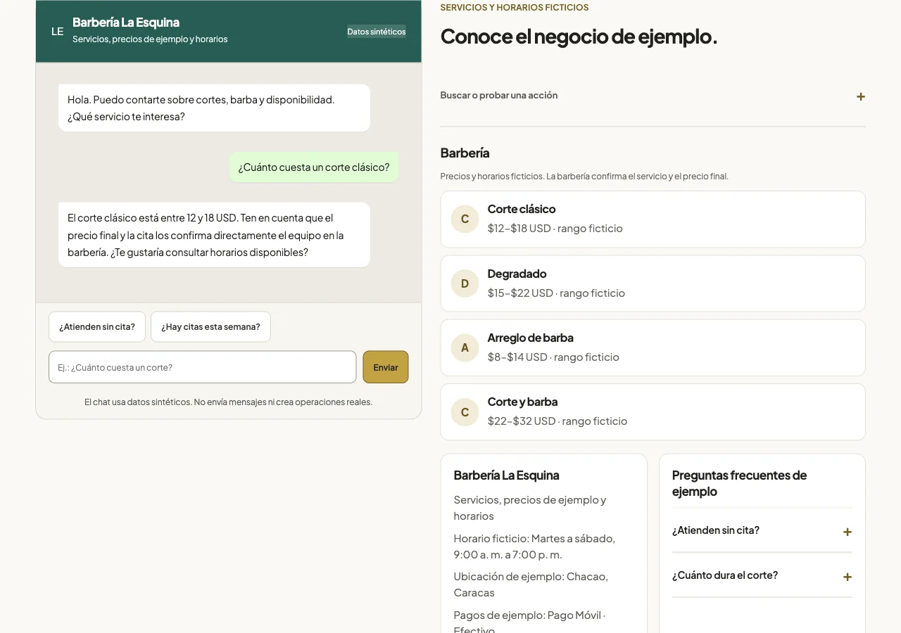 La demo de barbería responde con un rango ilustrativo de 12 a 18 USD para un corte y aclara que el equipo confirma precio y cita.