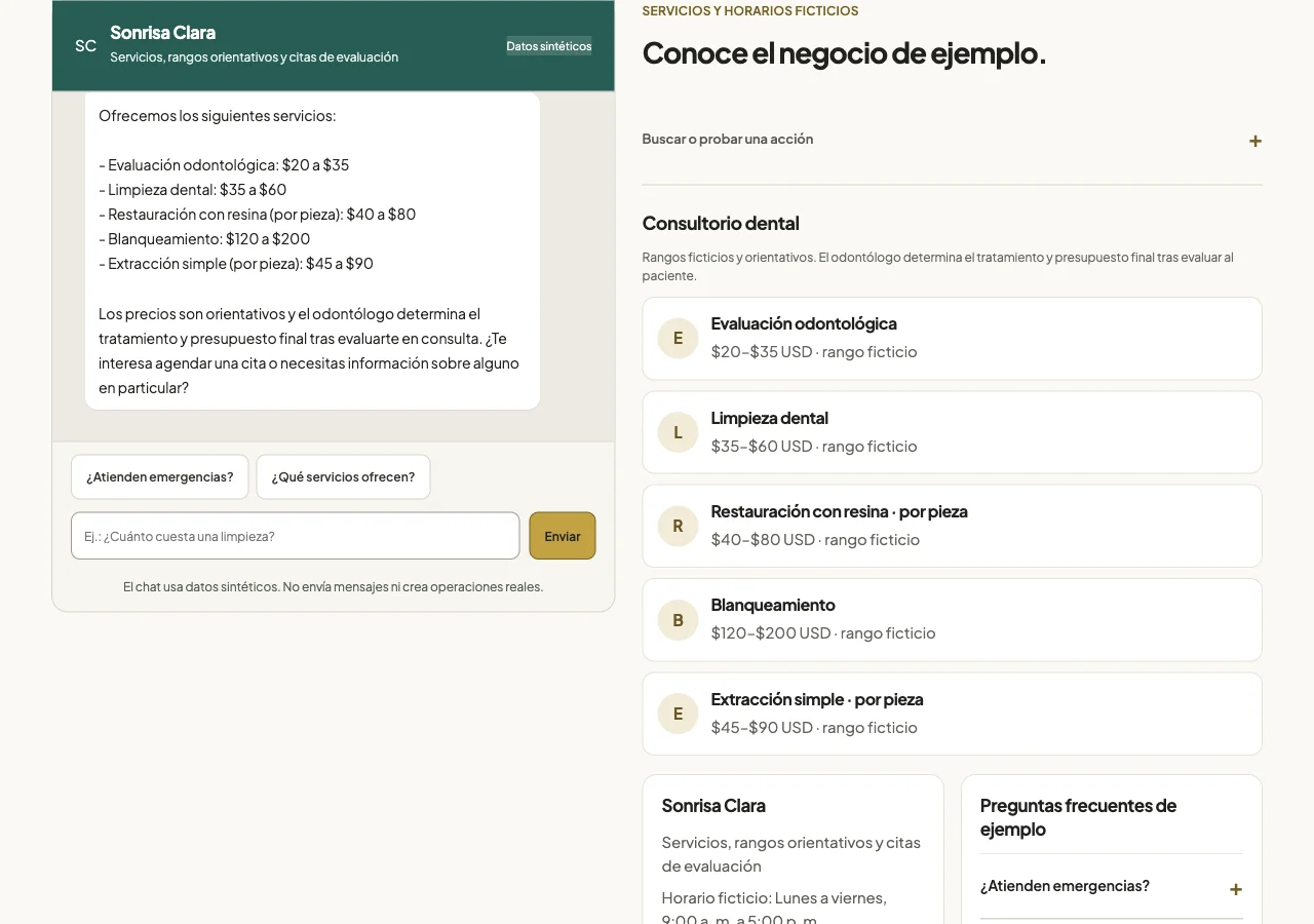 La demo dental muestra servicios y rangos de precios de ejemplo e indica que el odontólogo determina el tratamiento y presupuesto final.