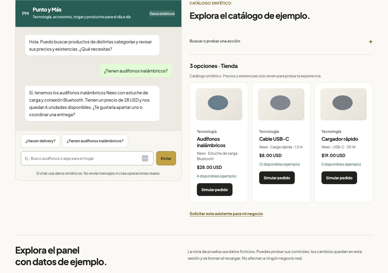 La demo de tienda responde sobre audífonos de 28 USD y muestra seis unidades en su catálogo de ejemplo.