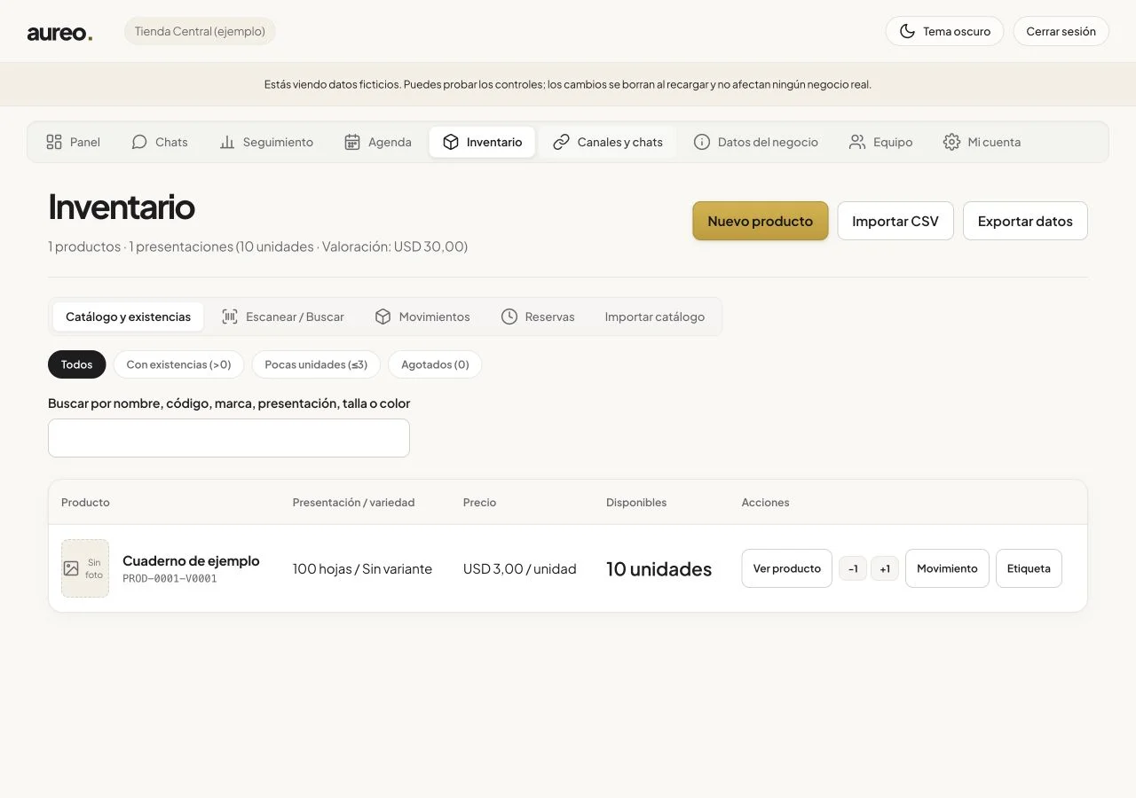 Inventario de aureo. con un cuaderno de ejemplo, su presentación, precio y existencias; el aviso superior indica que son datos ficticios.
