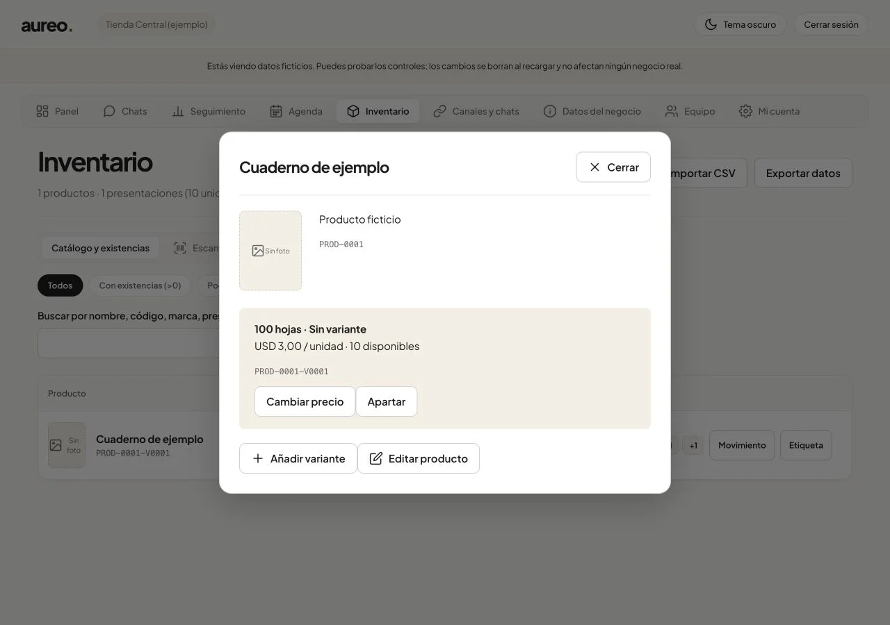 Ficha real de un cuaderno ficticio en aureo., con presentación de 100 hojas, precio por unidad y existencias.